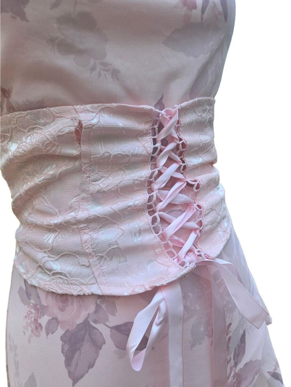 Pink Floral Cami Midi Dress Corset Waist Ruffled Slit Fairycore Garden Medium - Picture 5 of 8